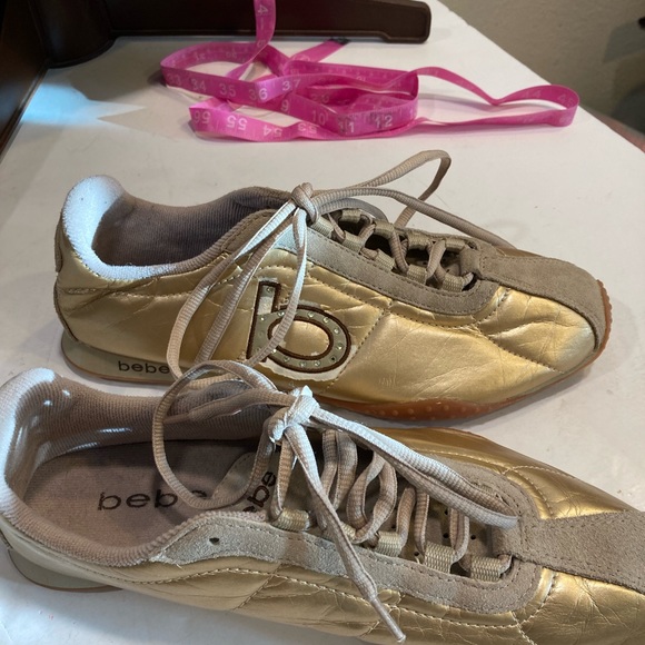 Bebe Sport Womens 9.5 Sneakers Gold Leather W/ suede Details & Rhinestones on B - Picture 14 of 16
